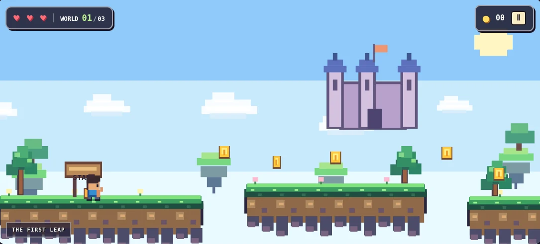 Cuplikan game SkyHop berisi karakter pixel art, pulau melayang, koin, dan kastel
