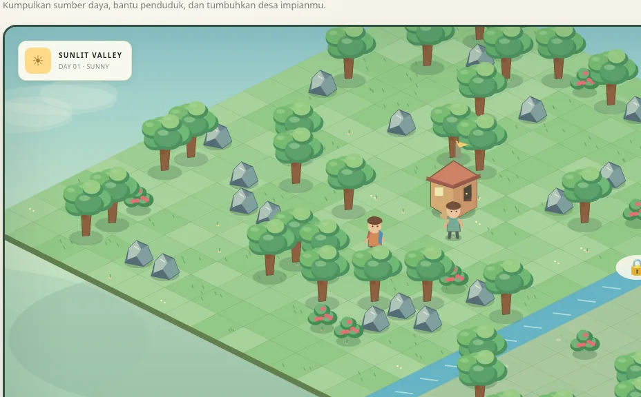 Peta isometric TribeWorld berisi hutan, desa, sungai, dan karakter